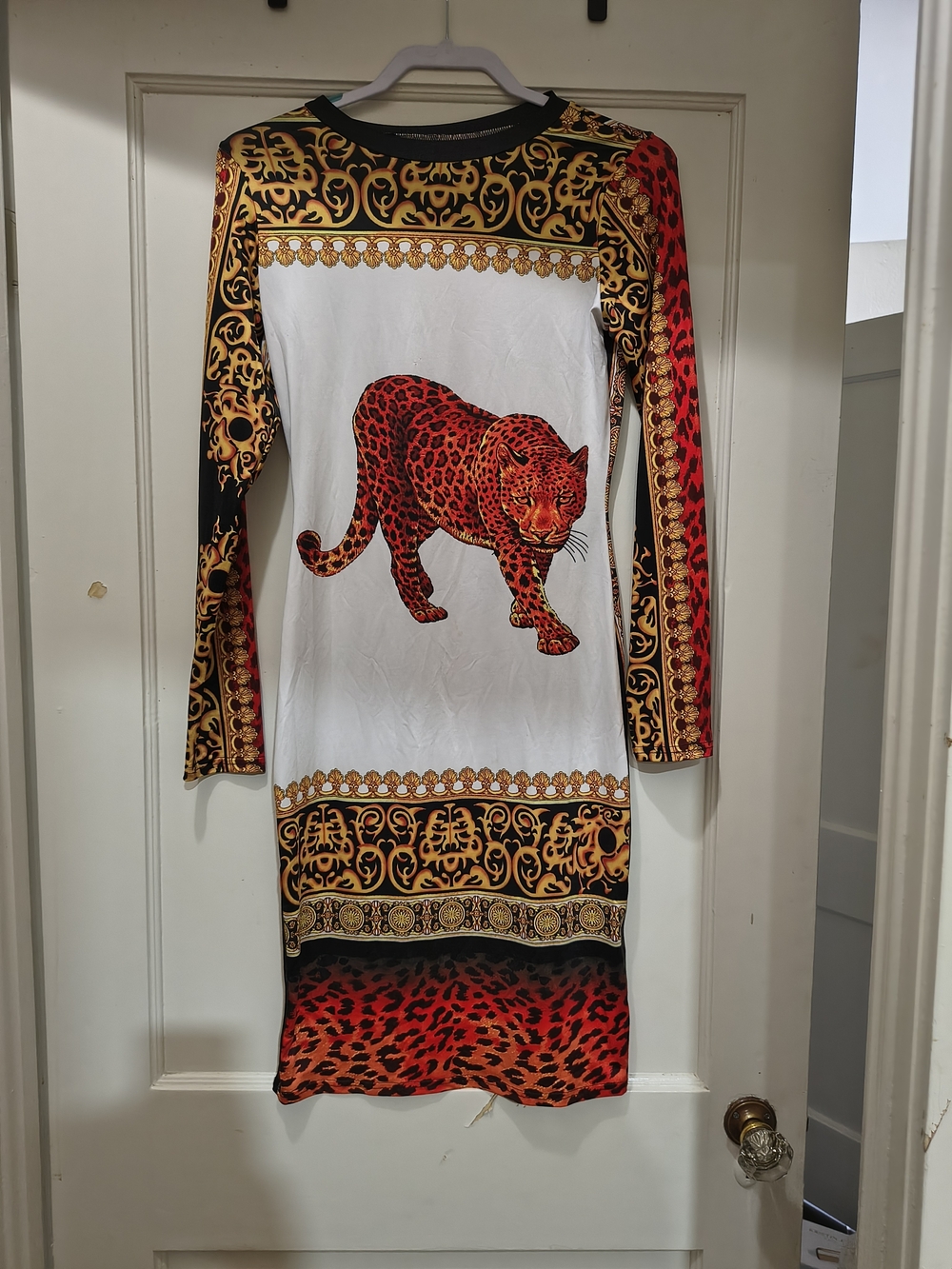 Leopard Print Baroque Long Sleeve Dress - Red, Gold, Black